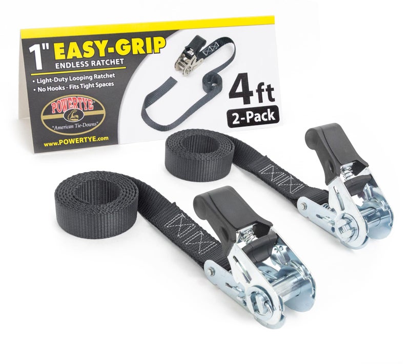 PowerTye - Endless Ratchet Strap - 1in x 4ft Easy Grip (Hookless), Tie Down Strap w/ 400 lb. Working Load Limit / 1,200 lb. Break Strength, Ideal for Motorcycle, ATV, Bike, & Coolers, Black 2-Pack - Image 1
